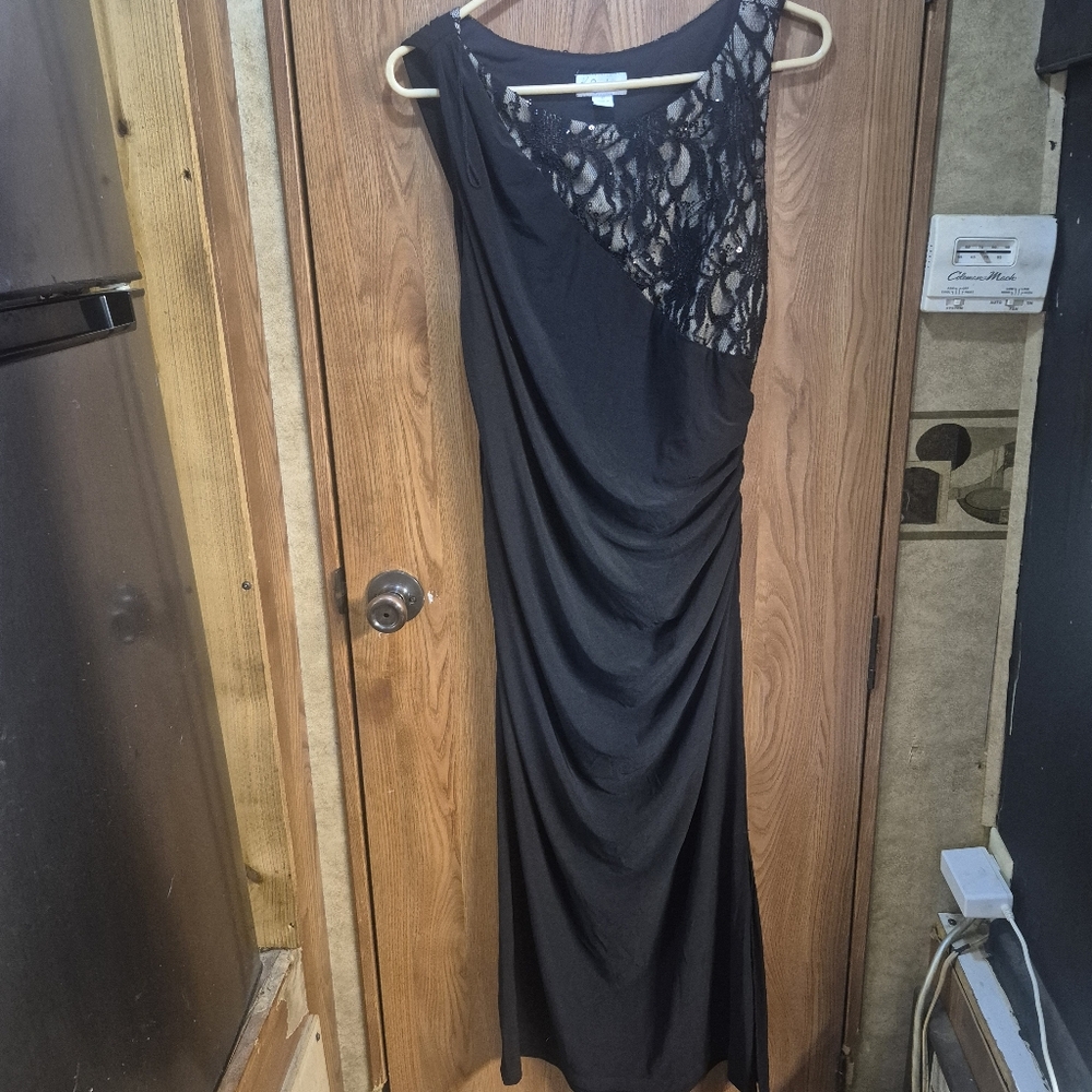 K Jordan One-Shoulder Black Evening Dress with Lace Yoke.  Box 36